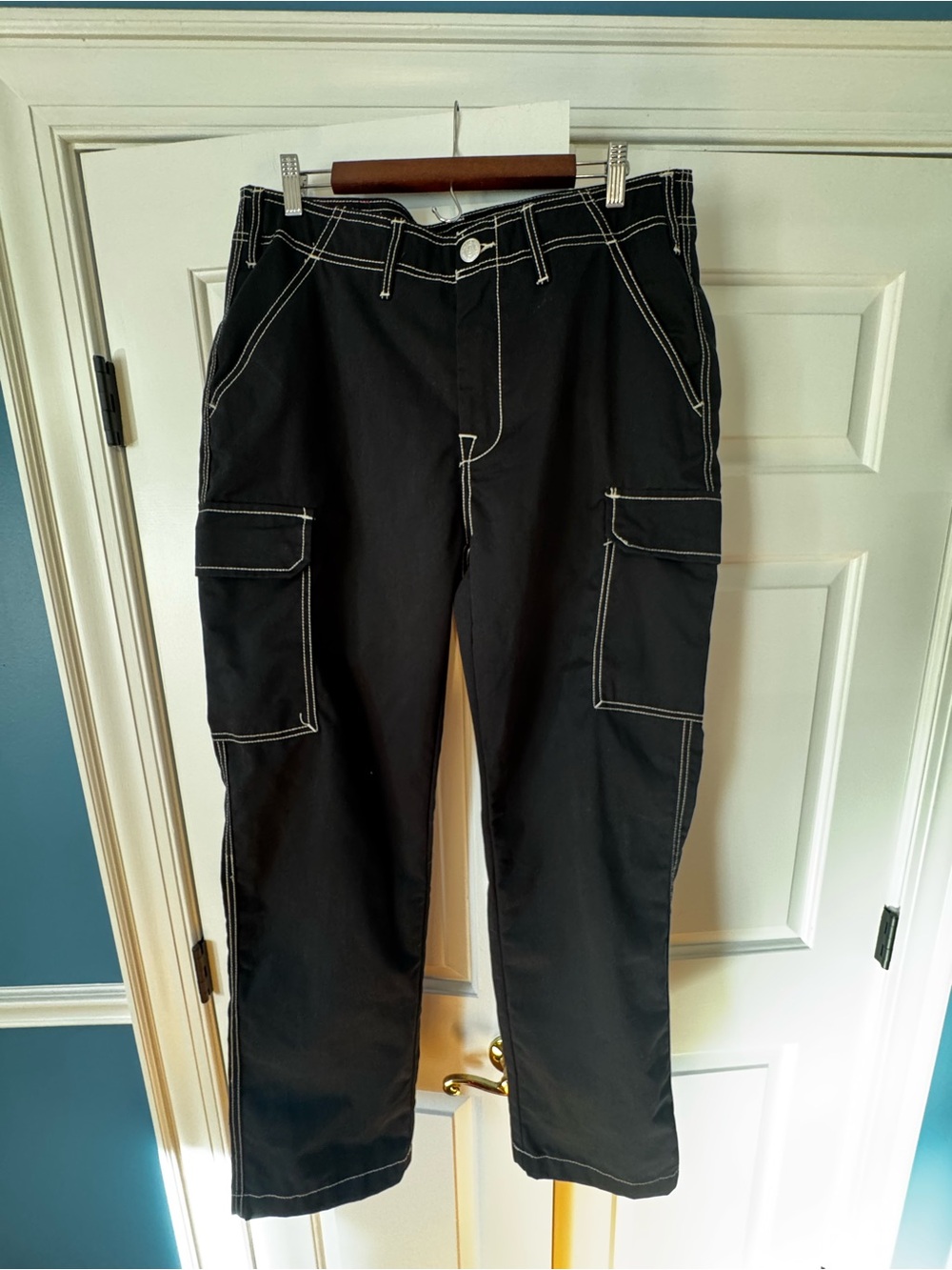 True Religion Black Cargo Jeans with White Contrast Stitching